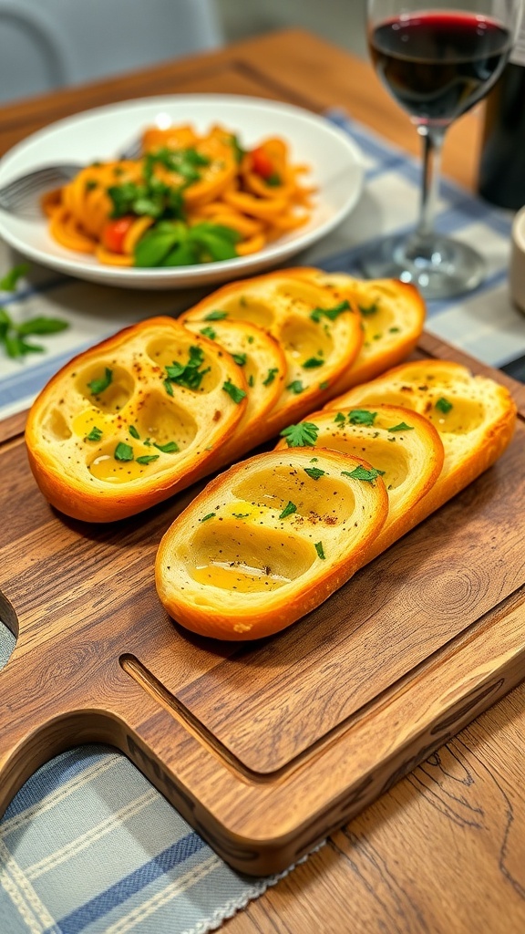 Garlic Bread Plating Guide Elegant garlic bread slices arranged on a wooden board, garnished with parsley and olive oil.